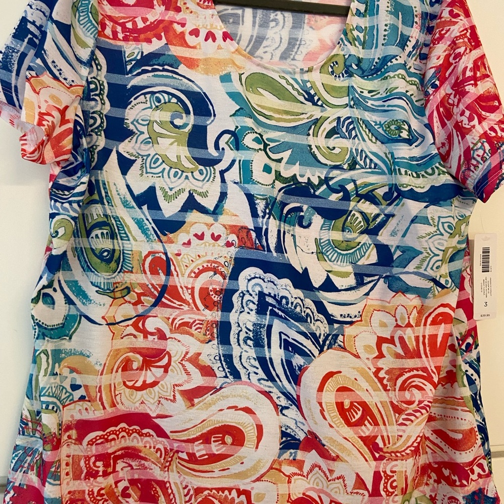 Chico's Red and Blue Graphic Blouse